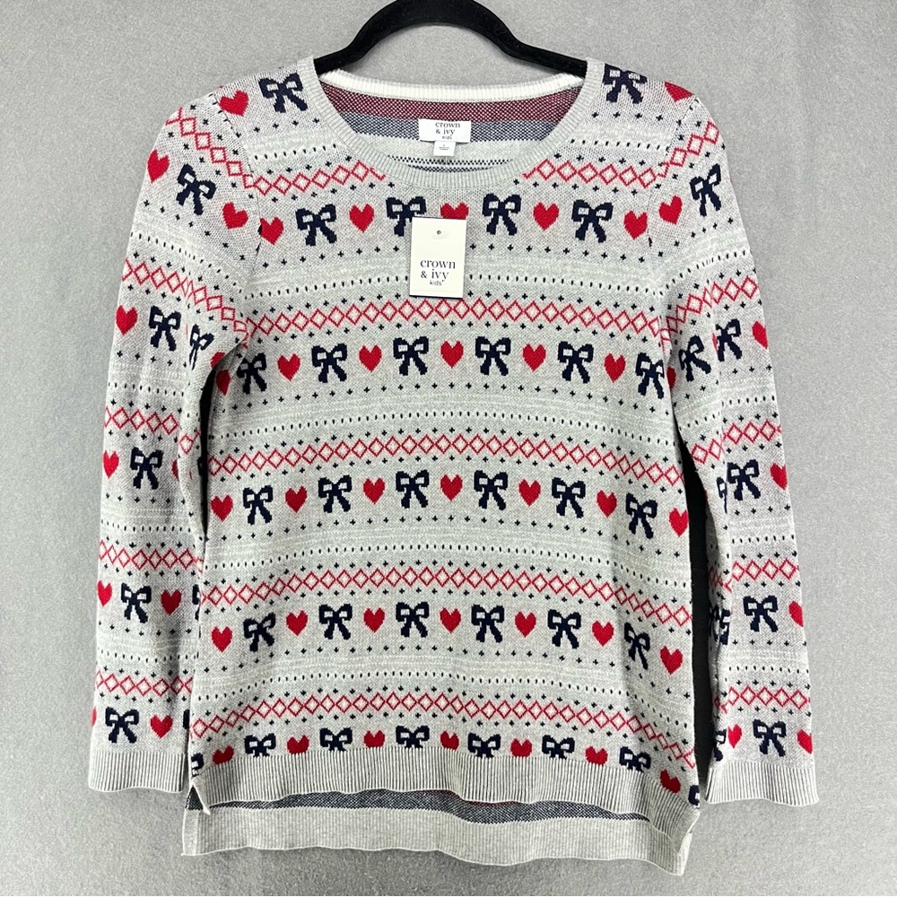 Crown & Ivy Kids Bow Heart Girls Sweater NWT large